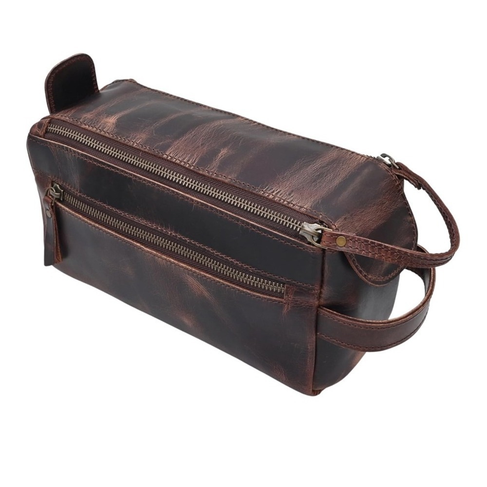 Genuine Leather Toiletry Bag Men's‎ Travel Organizer Antique (Dark Brown) NWT